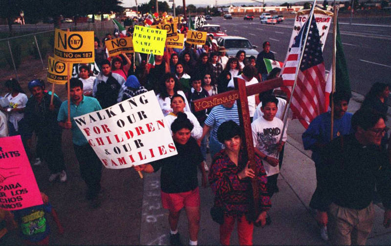 About 200 demonstrators protesting Proposition 187 march along Senter Road in San Jose on Oct. 25, 1994. The march began in Morgan Hill and ended at St. Joseph's Cathedral in downtown San Jose.