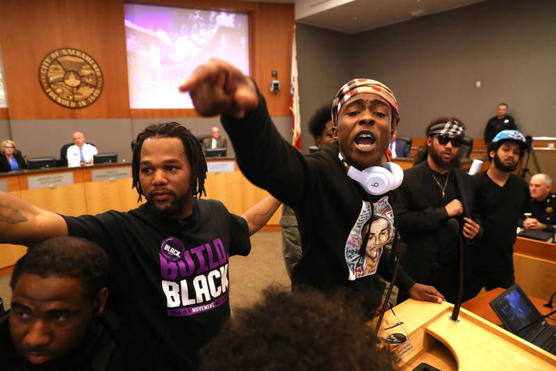 Stevante Clark, brother of Stephon Clark, disrupts a special City Council meeting at Sacramento City Hall on March 27, 2018. Hundreds packed the meeting to address concerns over the shooting death of Stephon Clark by Sacramento police.