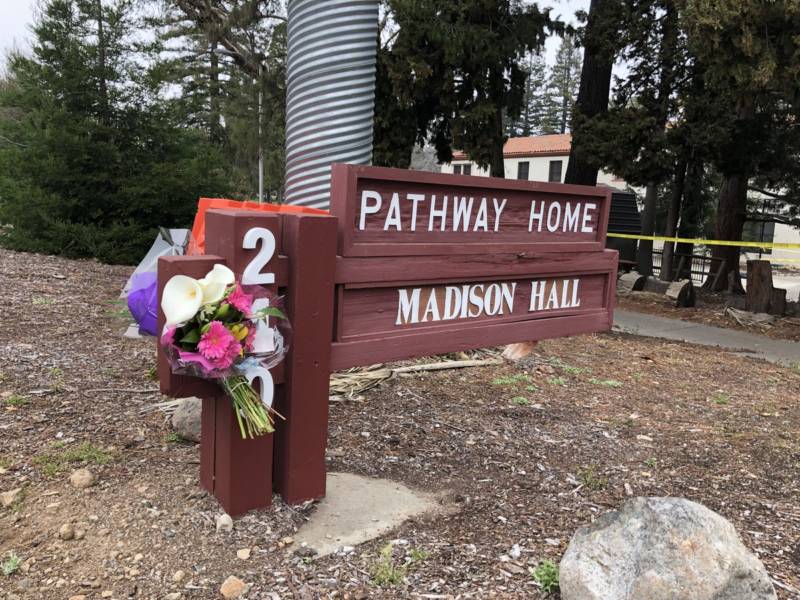 Flowers left Yountville Veterans Home in memory of the three victims of Friday’s shooting.