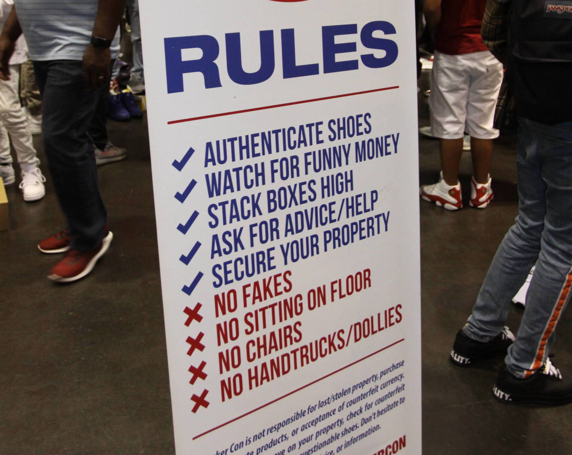 Buyers and sellers can set up informal displays on the floor of the Sneaker Con Trading Pit. This sign lays down some ground rules.