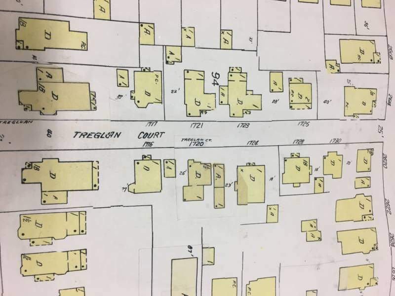 Old city fire insurance records show how the lots on Tregloan Court used to look, prior to being divided up.