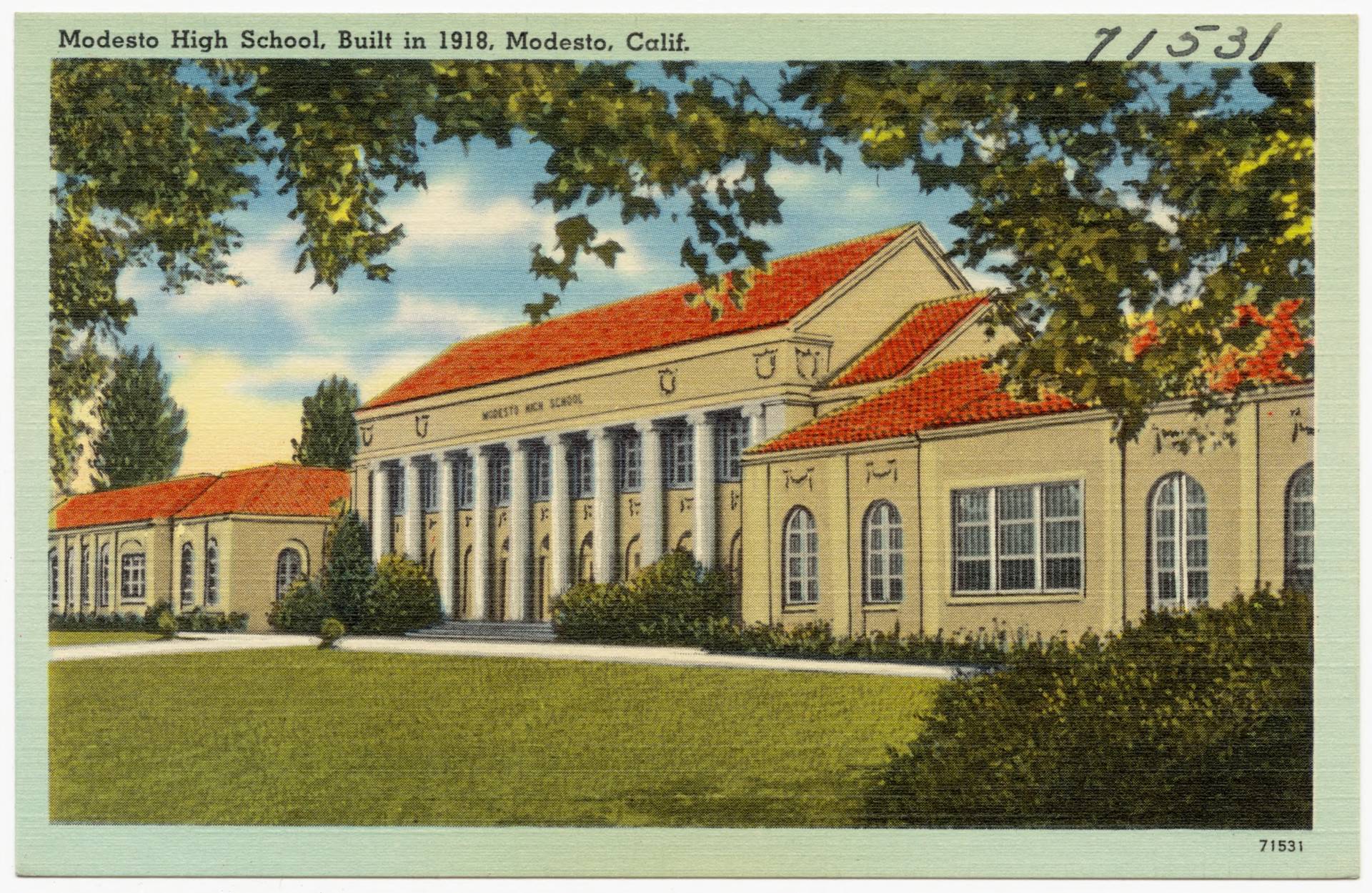 An illustration of the Modesto High School, built in 1918.