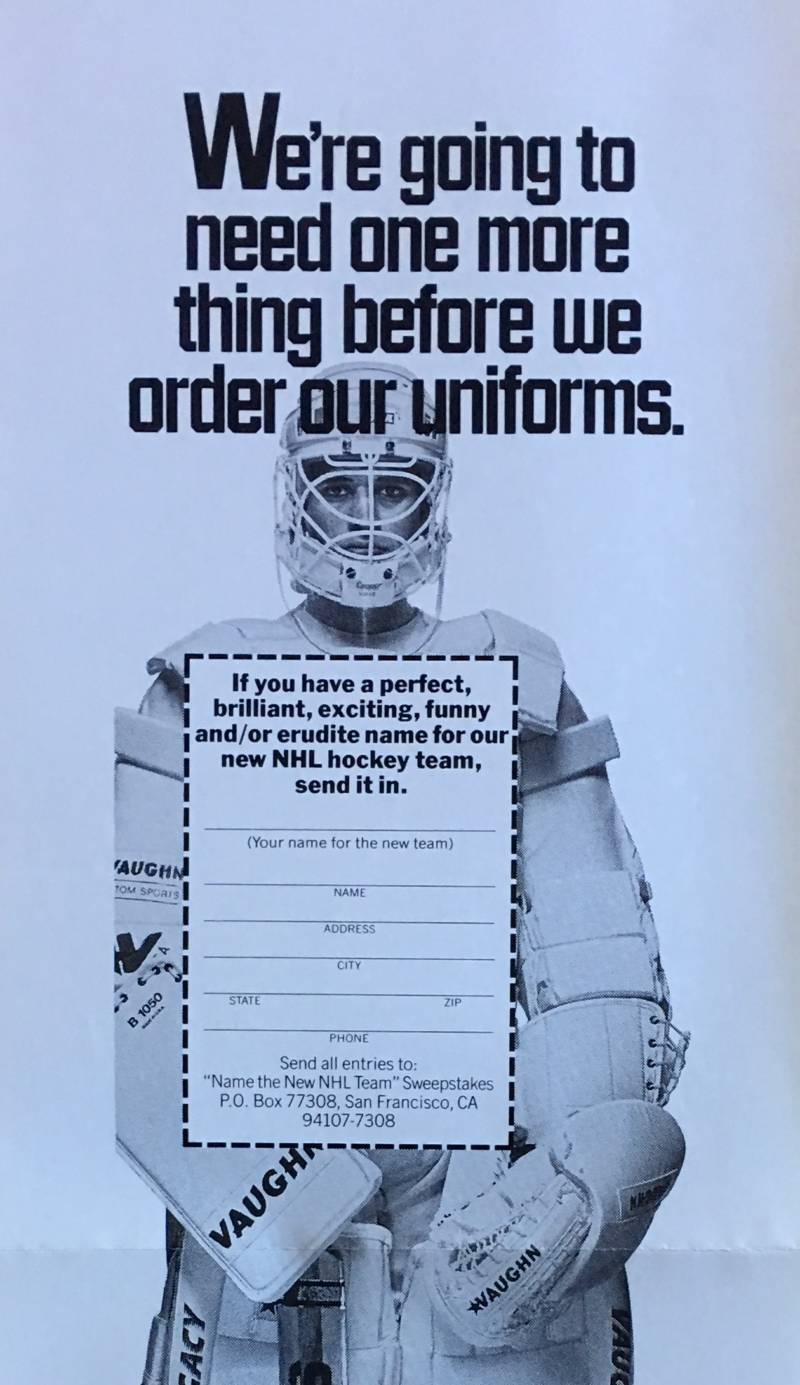 This ad ran in the San Francisco Chronicle, Oakland Tribune and San Jose Mercury News as part of the "name the team" sweepstakes.