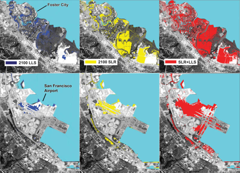 Berkeley and ASU researchers calculate land loss from sinking land (blue), sea level rise (yellow), and the two phenomena together (red).