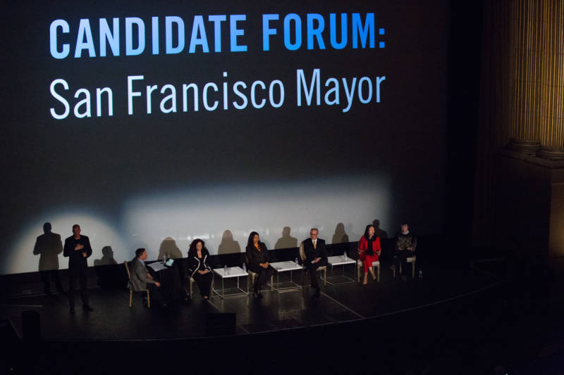 San Francisco mayoral candidates Angela Alioto, London Breed, Richie Greenberg, Jane Kim and Amy Farah Weiss at a debate in the Castro Theater in San Francisco on March 19, 2018.