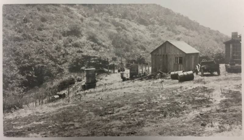 "General view of the small refinery on Purisima Creek," from "Report on the Geology and Oil Possibilities of the Halfmoon Bay District, San Mateo County, California," by N.L. Taliaferro, 1921. 