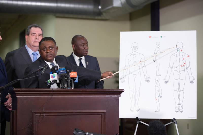 Dr. Bennet Omalu and attorney Benjamin Crump gave a press conference about the results of a private autopsy of Stephon Clark. Dr. Omalu's findings indicate Clark was shot in the side and back.