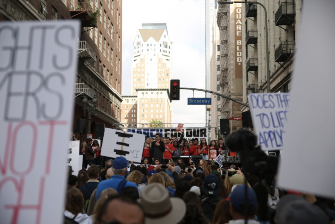 Crowds demonstrate in downtown Los Angeles for the March for Our Lives rally to protest gun violence, on March 24, 2018. 