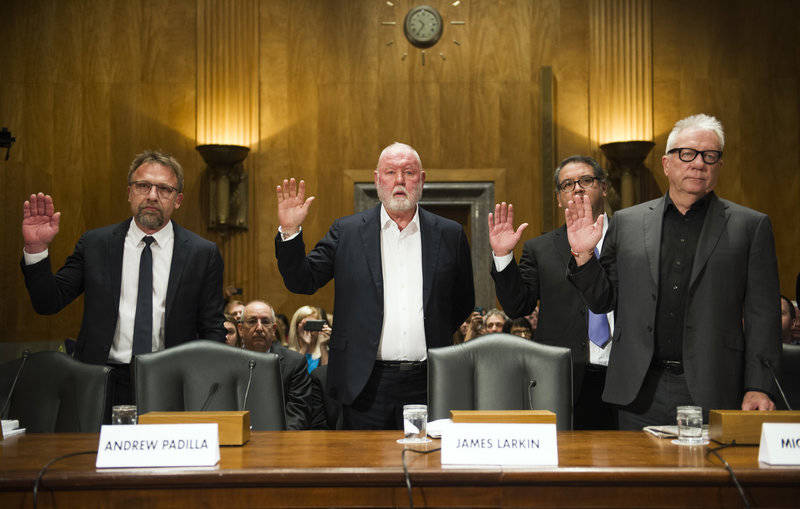 Backpage.com executives — CEO Carl Ferrer (from left), former owner James Larkin, Chief Operating Officer Andrew Padilla, former owner Michael Lacey -- are sworn in to testify before a Senate Homeland Security and Governmental Affairs subcommittee on investigations, Jan. 10, 2017.