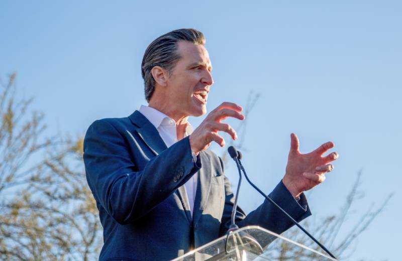 California Lt. Gov. Gavin Newsom speaks at the United Voices Rally outside the United Talent Agency on Feb. 24, 2017 in Beverly Hills.