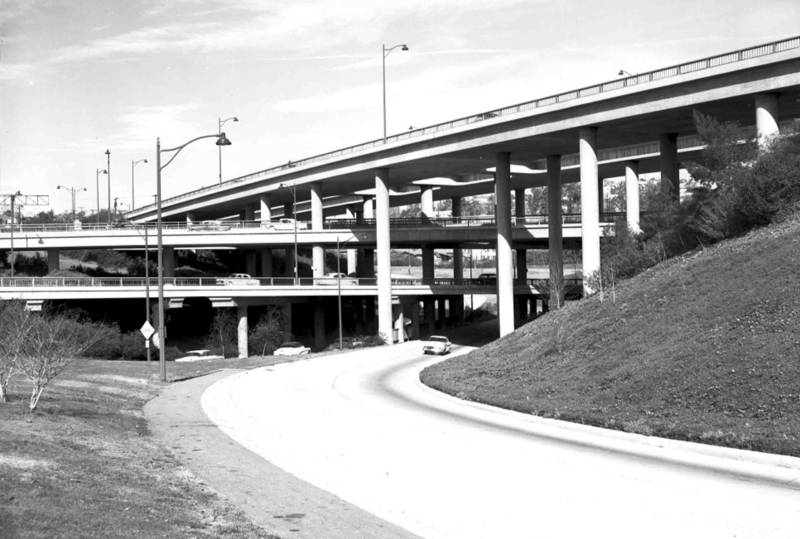 Four-level interchange of the 110 and 101 freeways looking northwest, 1956.