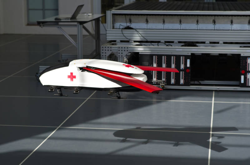 The scale-model ambulance robot comes in for a landing at CAST's indoor-outdoor drone arena.
