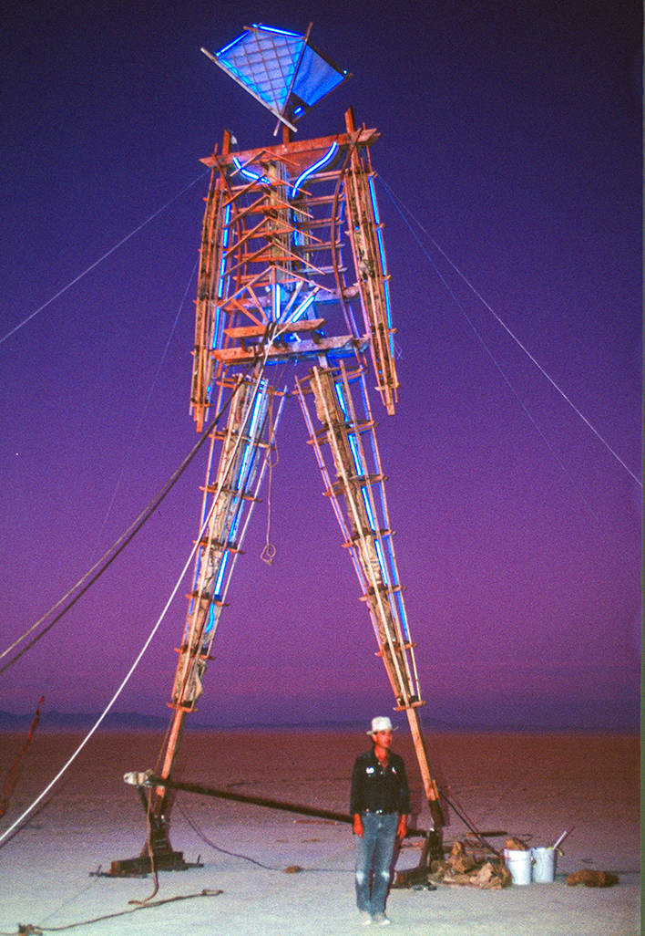 Larry Harvey in front of "Burning Man" in 1991.