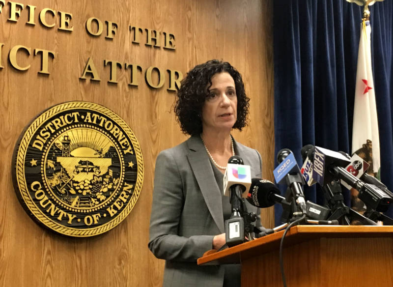 Kern County District Attorney Lisa Green speaks at a press conference on Wednesday. Green announced that her office will not bring charges against two ICE agents for their role in a car crash that resulted in the deaths of two undocumented immigrants in Delano in March.
