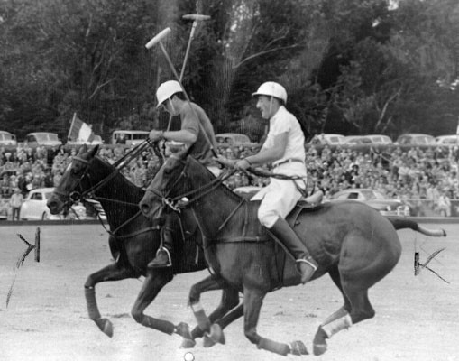 Enrique Alberdi (R) of the famed Argentine polo team plays alongside Larry Sherrin (L) of the Texas Hurricanes play polo at the Polo Field at Golden Gate Park on May 7, 1949.