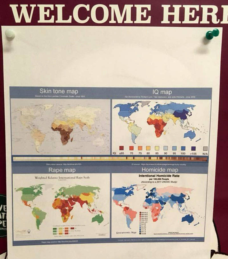 One of the racist materials posted on bulletin boards around the Cal Poly campus over the past three days juxtaposes a "Skin Tone Map" with an "IQ Map."