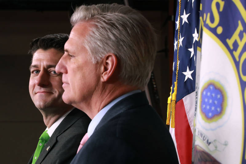 House Speaker Paul Ryan (L) and House Majority Leader Kevin McCarthy talk to reporters following the weekly House Republican Conference meeting at the U.S. Capitol April 17, 2018. Last week, Ryan endorsed McCarthy to be his successor.