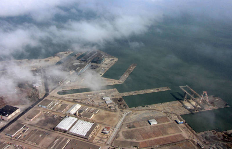 An aerial view of the Hunters Point Naval Shipyard.