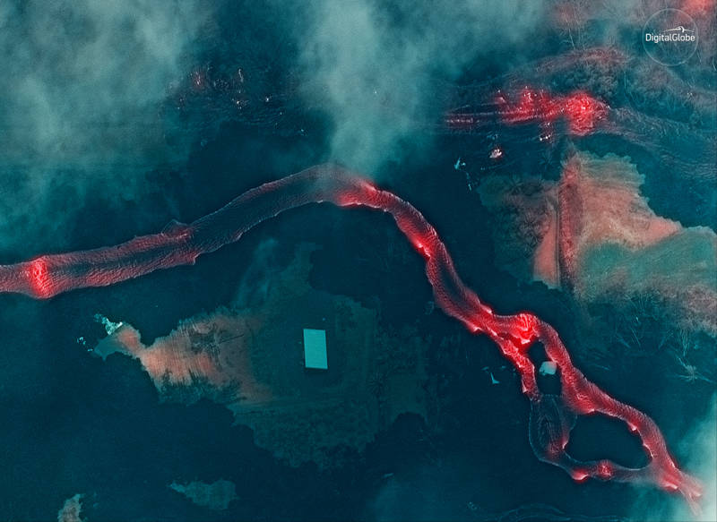 An infrared satellite image shows the lava flows along the East Rift Zone, just to the east of Leilani Estates and due south of the Puna Geothermal Venture.