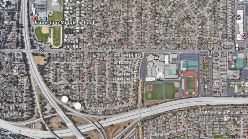A Google map of Cupertino Middle School and Homestead High School and its location a few hundred feet away from the freeway.
