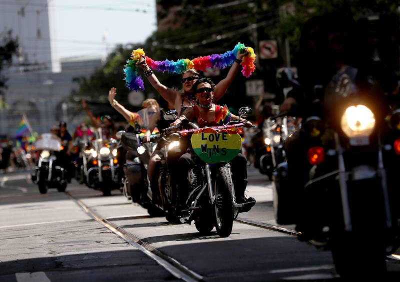 Members of Dykes on Bikes lead the 2016 San Francisco Pride Parade on June 26, 2016.