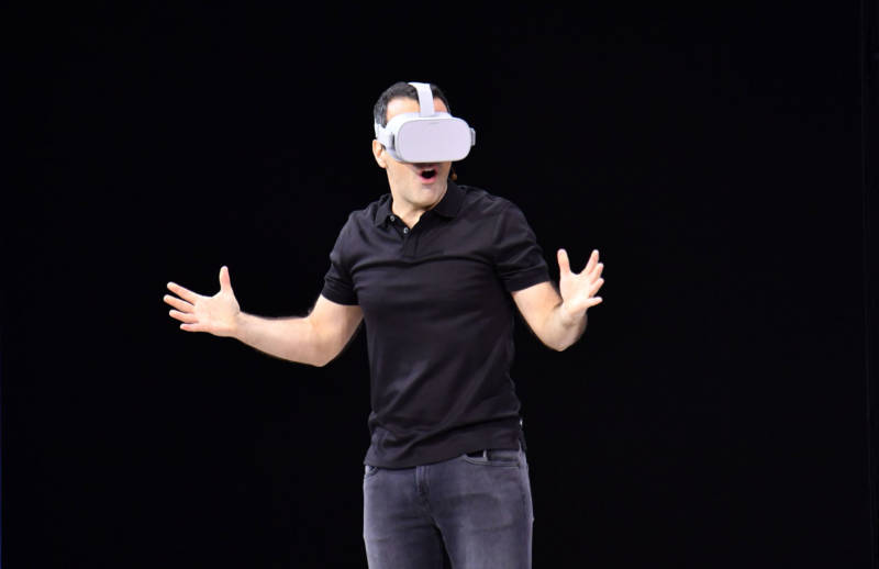 Facebook vice president of VR Hugo Barra demonstrates the Oculus Go during the annual F8 summit on May 1, 2018.