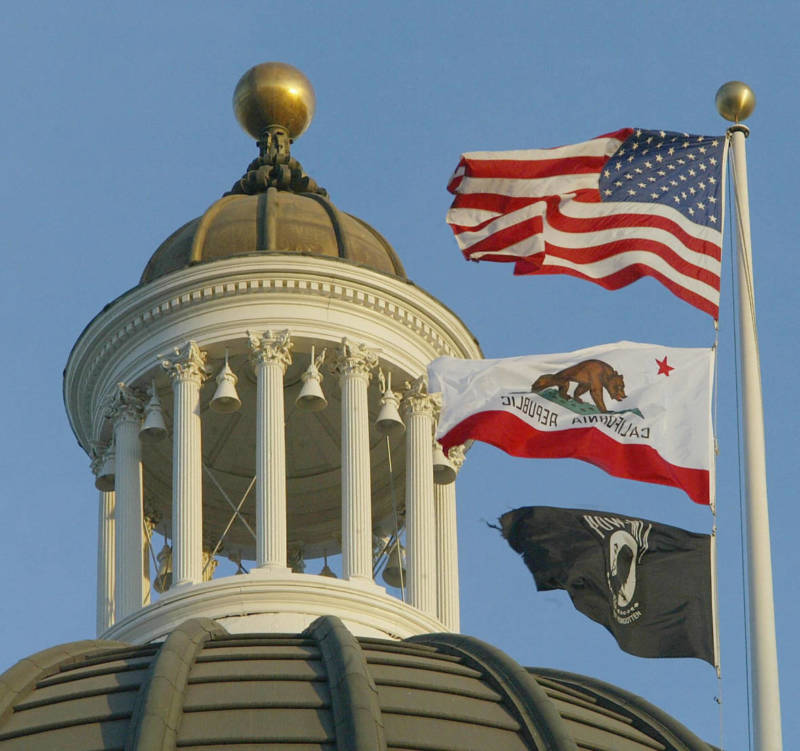 A view of the top of the California Capitol building in Sacramento.