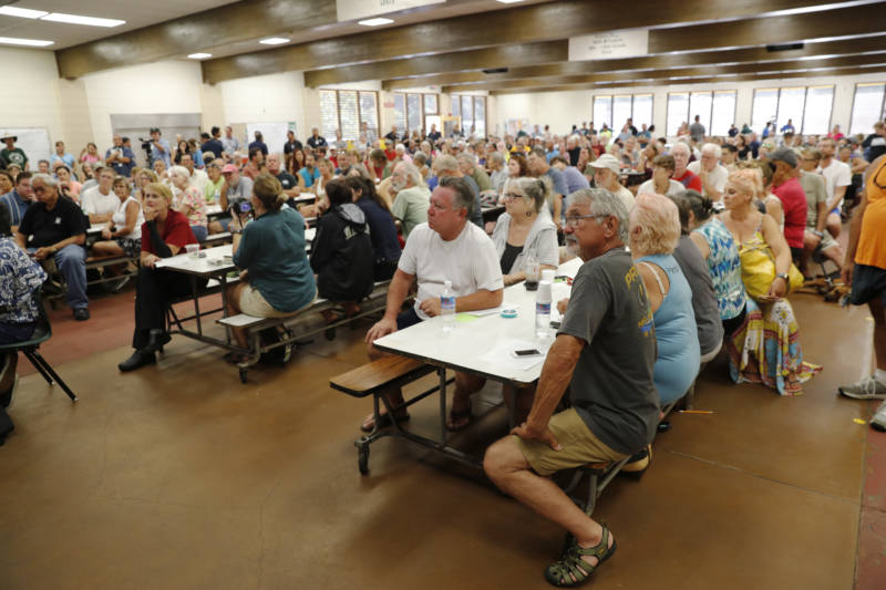 Residents from the lava-affected areas attend a community meeting at Pahoa High School in Pahoa, Hawaii, on Friday.