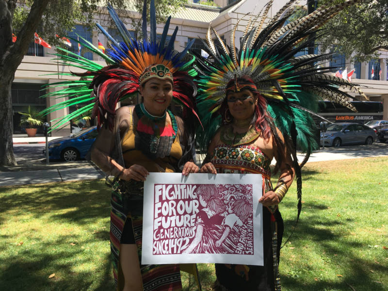 Lidia Doniz (R) and Erendira Ortega (L) at the San Jose 'Families Belong Together' rally. Doniz is originally from Guatemala, and she founded Movimiento Cosmico Indigenous Dance and Culture. 'Racist rhetoric should not inform policy,' she says. 'Politics aside, parties aside, when we start creating policies that are racist, we are back to the 1940s, when we took our Japanese brothers and sisters away and put them in camps.' Ortega adds, 'This is not the first time that families are separated, and we should learn from our history.'