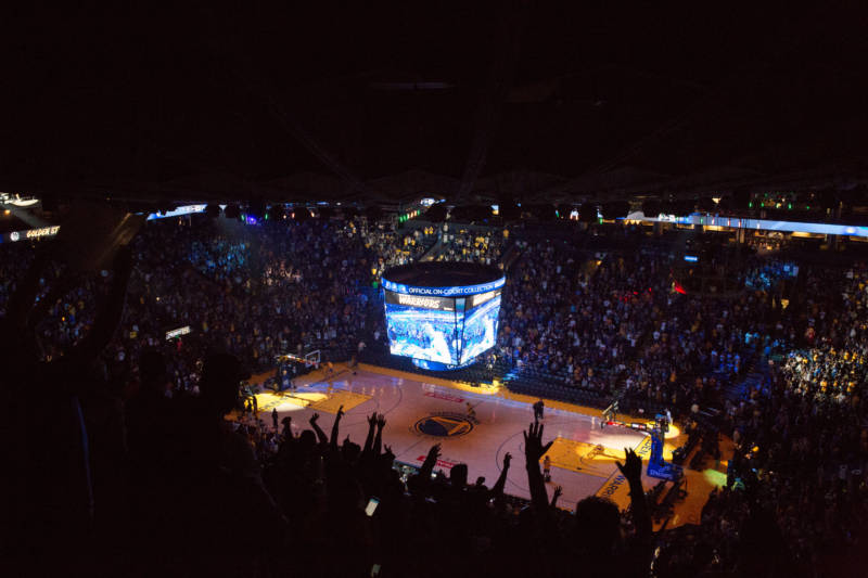 The Warriors defeated the Cleveland Cavaliers 108-85 to cap a 4-0 series sweep and win the NBA Finals for the second year in a row. Fans gathered at Oracle Arena in Oakland for a Golden State Warrior Watch Party on Friday, June 8, 2018.