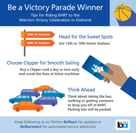 Tips from BART on getting to the Warriors parade on Tuesday.