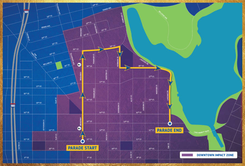 Streets and roads throughout downtown Oakland will be affected by Tuesday's Warriors parade.