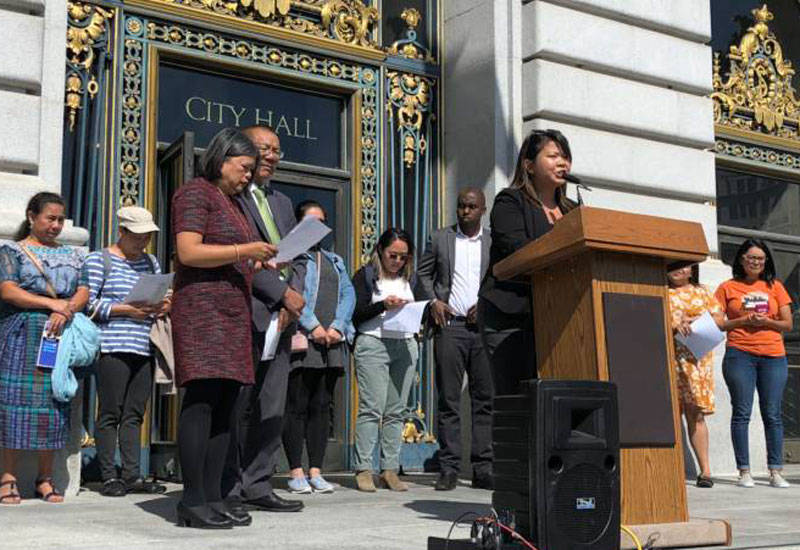 Supervisor Sandra Fewer speaks outside San Francisco City Hall.