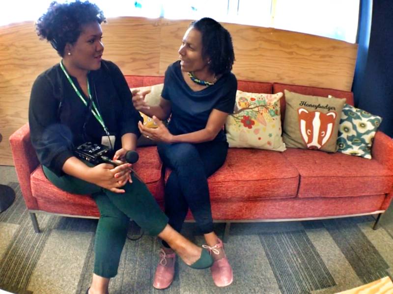 Tonya Mosley of KQED, left, chats with Maxine Williams, head of global diversity at Facebook. The company's 2018 Diversity Report shows gains for women, but the workforce is still very white.