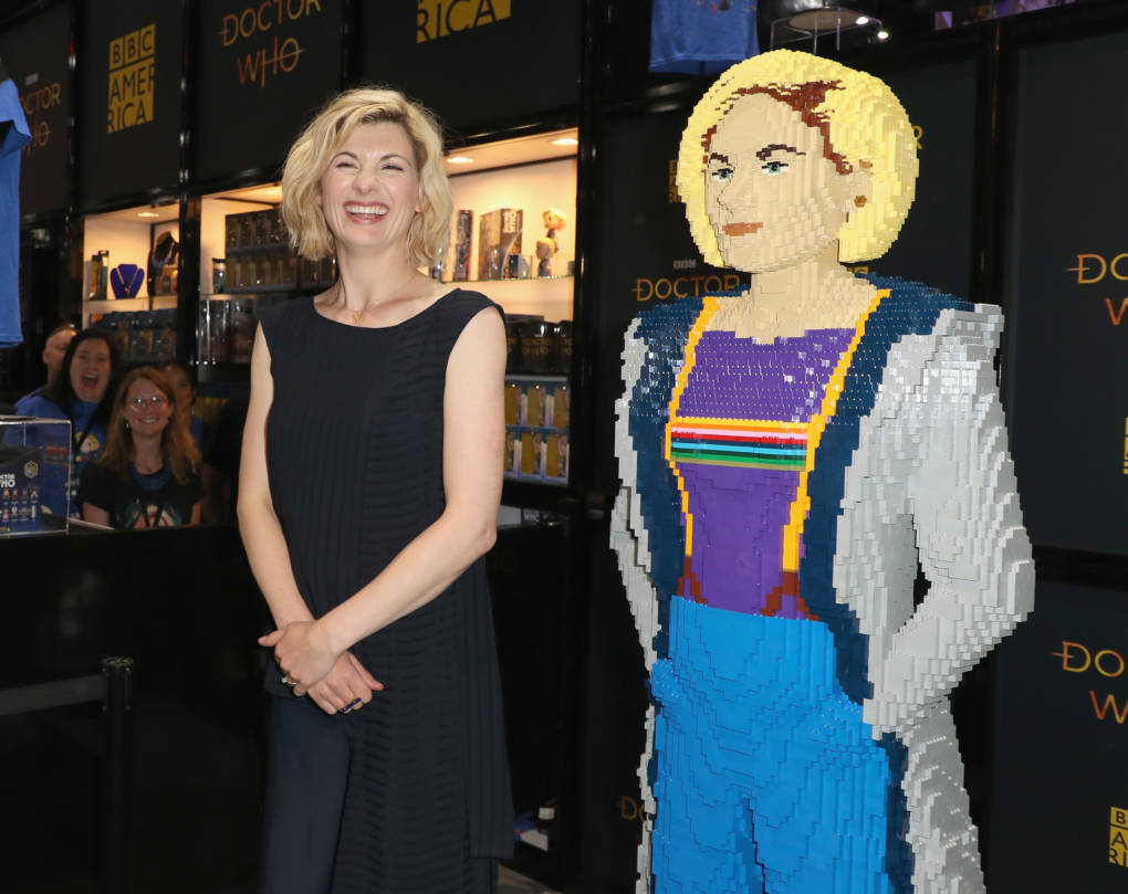 Jodie Whittaker poses with lego figure at BBC America's 'Doctor Who' at Comic-Con International 2018 at San Diego Convention Center.