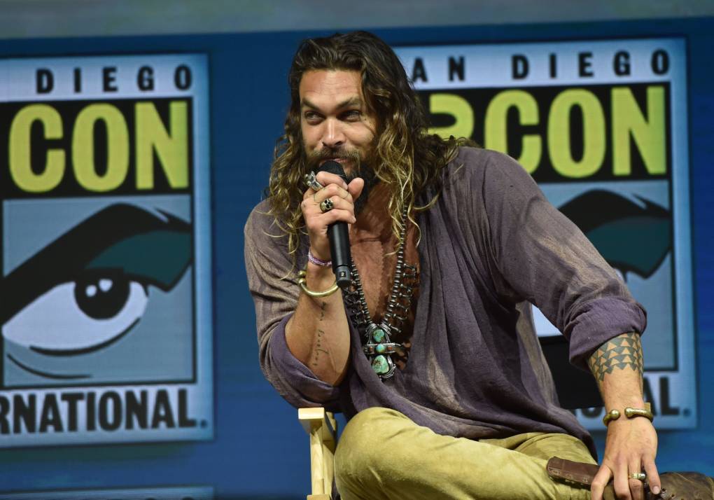 Jason Momoa participates in the Warner Bros. Theatrical Panel for 'Aquaman' during Comic Con in San Diego.