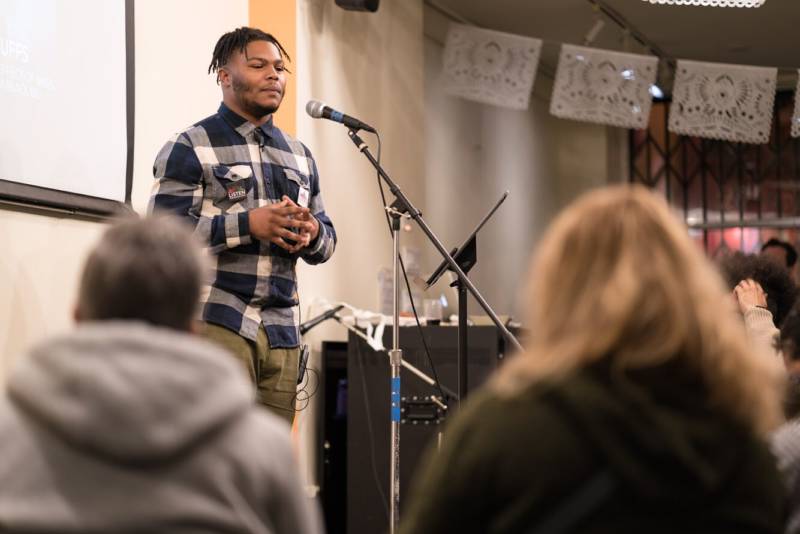 Arvaughn Williams speaks to an audience in San Francisco about the impacts of having an incarcerated parent, and how this disproportionately affects young black men.