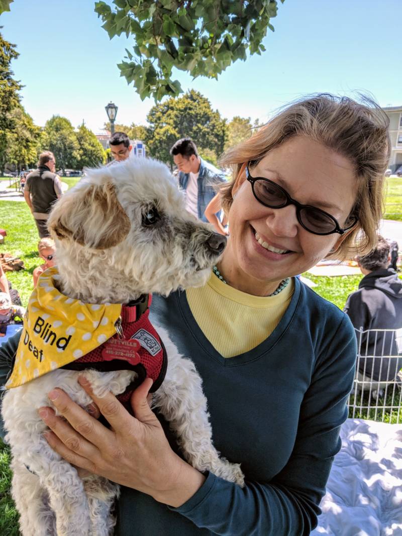 Ivette Zaldivar is a high school teacher who is fostering a blind and deaf dog named Mitch. She has fostered over 30 dogs in one with the organization Muttville. 'My quality of life is much higher with him...he is my antidepressants,' she says.