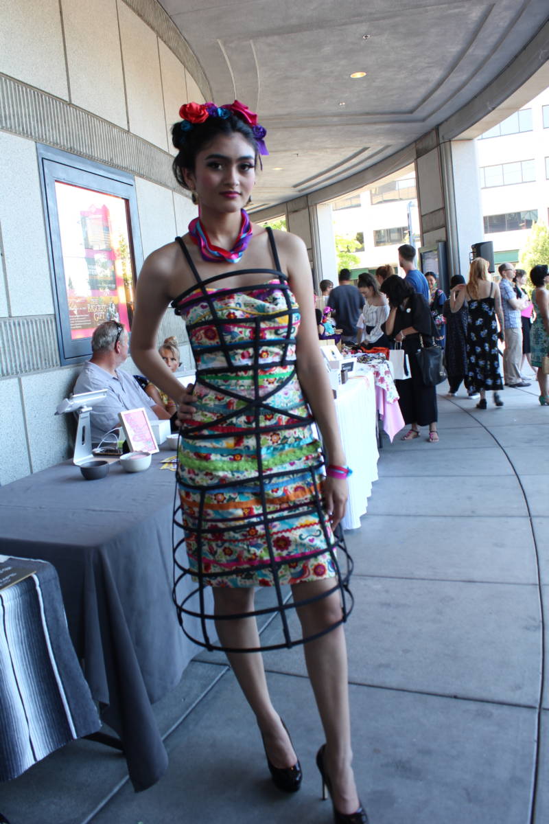 Theresa Bridges of Santa Cruz wears a Frida Kahlo-inspired cage dress designed by Christina Morgan Cree. She said Kahlo is meaningful to her as simply a "badass" who didn't "sugar coat things."