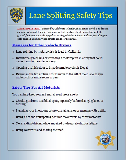 Page two of the 'Lane Splitting Safety Tips' released by the California Highway Patrol on Sept. 27, 2018.