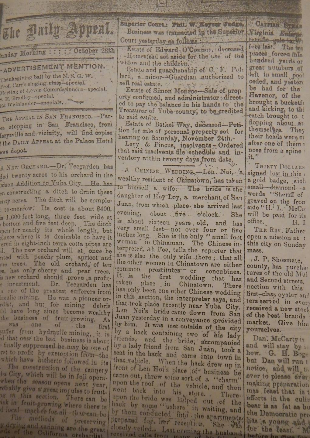 The Marysville Daily Appeal featured an article about Jennie Noy's wedding in 1883.