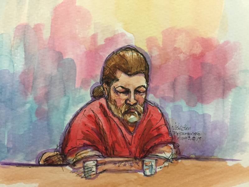 An illustration depicting Derick Almena in Alameda County Superior Court on Aug. 9, 2018, during a sentencing hearing.