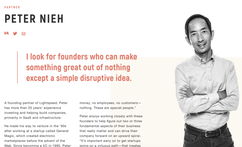 Venture capitalist Peter Nieh's profile on the website for Lightspeed Venture Partners.