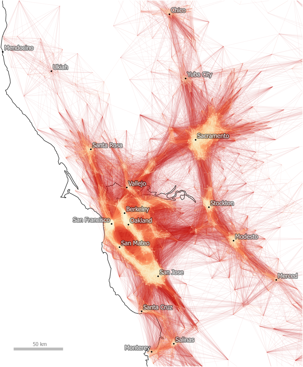 A heat map of commutes in Northern California reveals the urbanized core of the Bay Area, Sacramento and Central Valley cities, as well as the workers who flow into and out of each. Source: Dash Nelson G, Rae A (2016) An Economic Geography of the United States: From Commutes to Megaregions. PLoS ONE 11(11): e0166083. https://doi.org/10.1371/journal.pone.0166083