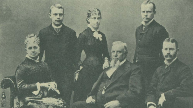The Crocker family. Harriet Crocker poses in the middle next to her brothers.