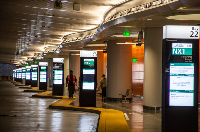 The bus deck, with AC Transit stalls, at Salesforce Transit Center in downtown San Francisco. The facility is pictured Aug. 12, 2018, and opened for its first full-scale commute Aug. 13. 