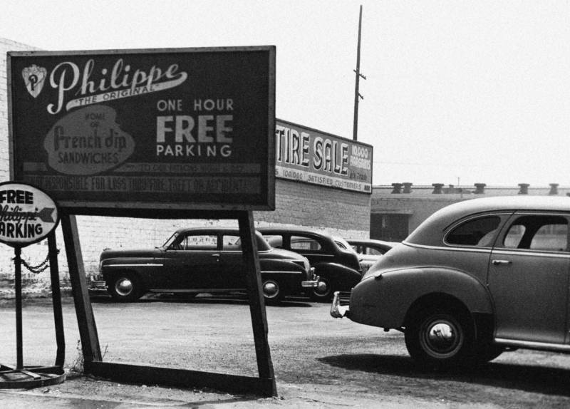 A vintage photo of the parking lot of Philippe's in Los Angeles.