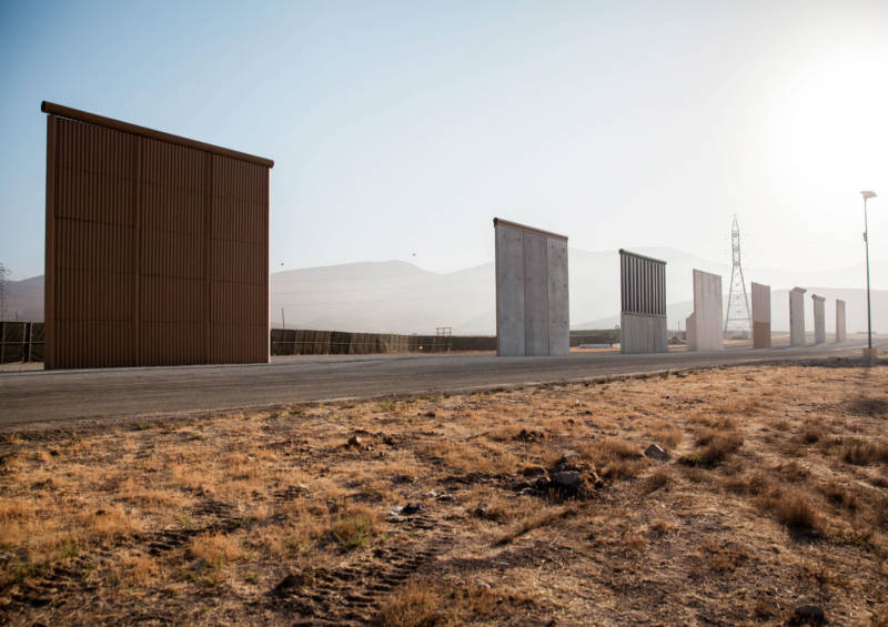 Border wall prototypes displayed in Otay Mesa near the existing border fence.