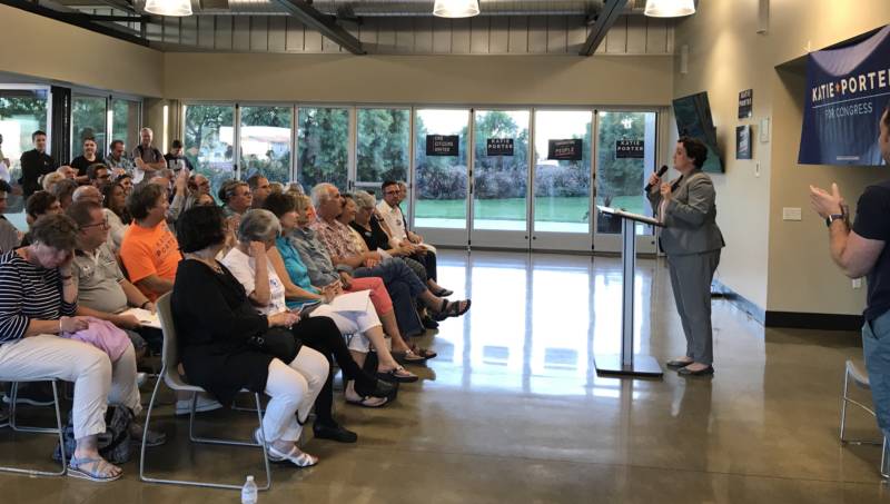 Congressional candidate Katie Porter speaks at a campaign event on September 19, 2018 in Irvine. Porter is one of four Democrats targeting Republican-held congressional seats in historically red Orange County.
