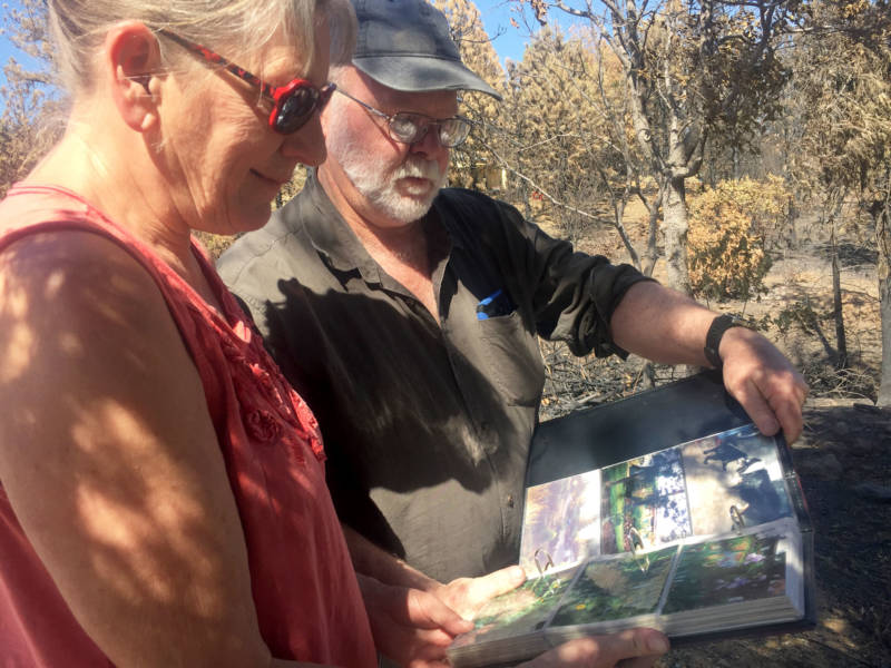 Jim and Donna Dowling look at pictures of the lush gardens they maintained outside their home, before it was all destroyed in the Carr Fire.